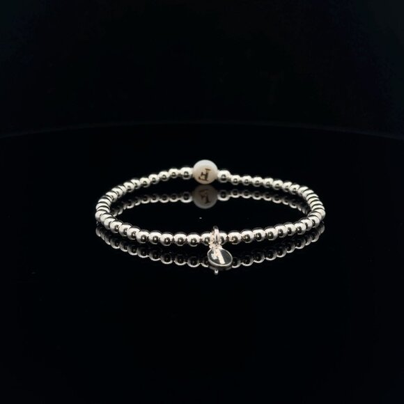 925 Sterling Silver Beaded Stretch Stacking Bracelet MOP Letter Initial F - Picture 4 of 6